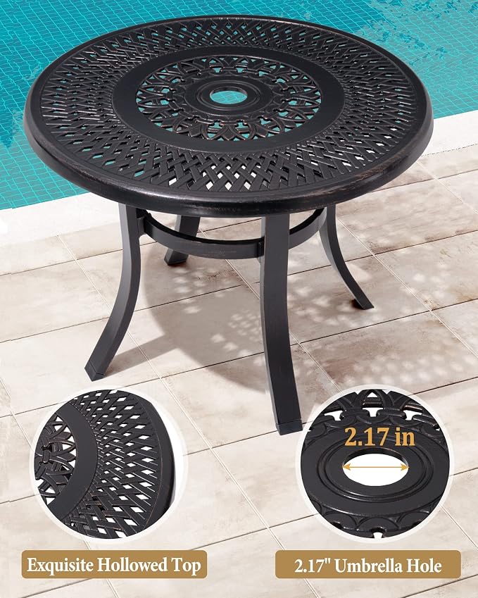 Crestlive Products Cast Aluminum Patio Side Table - Outdoor 24'' Small Round Table with Umbrella Hole Anti-Rust Design for Backyard Porch Pool Balcony, Black with Bronze Spot