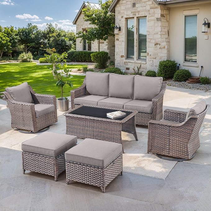 6 Pieces Outdoor Furniture Set-Deep Seating 3-Seat Couch with Patio Swivel Chairs Outdoor Coffee Table for Porch Garden Backyard Poolside-Brown/Grey