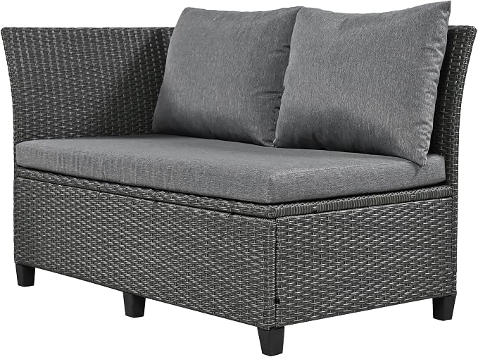 GDFStudio Brava Patio 5-Piece Conversation Set, Outdoor Rattan Sectional Sofa Set with Extendable Side Tables, Dining Table and Bench, L Shaped PE Wicker Furniture Set for Garden, Poolside, Grey