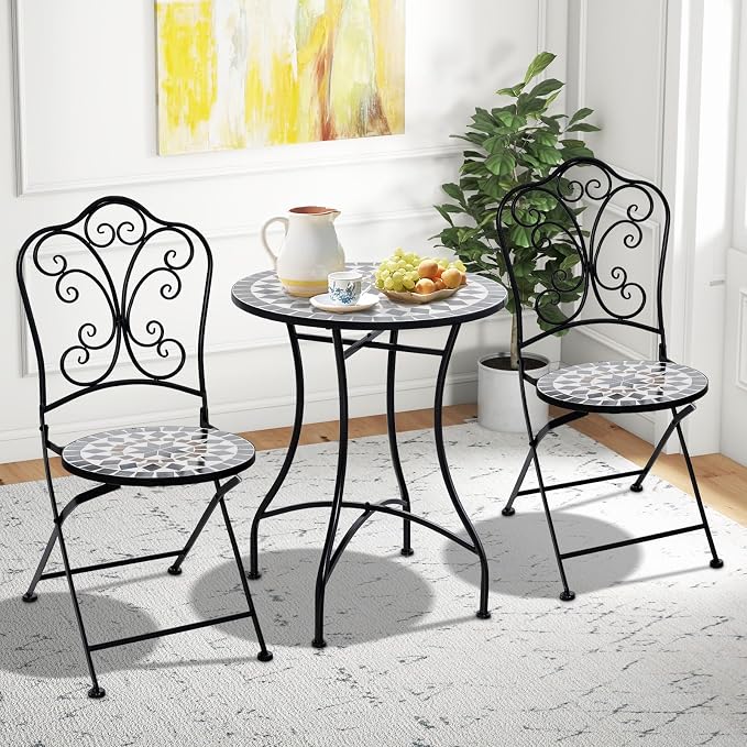 Giantex 24 Inch Patio Bistro Table, Mosaic Round Table w/Ceramic Tile Tabletop, Heavy-Duty Metal Structure, Outdoor Dining Table for Backyard, Garden, Porch (Black (Star Pattern))
