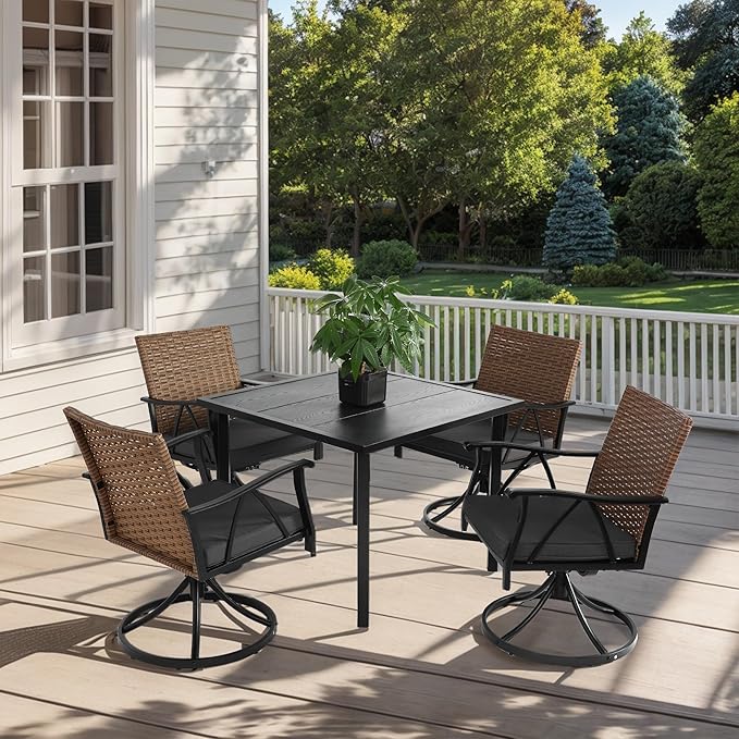 GDFStudio 5-Piece Patio Dining Set,Outdoor Wicker Furniture Set with Swivel Rocker Chairs,Square Steel Table with Umbrella Hole, Cushioned Seating with Removable Covers for Garden,Poolside,Brown Gray