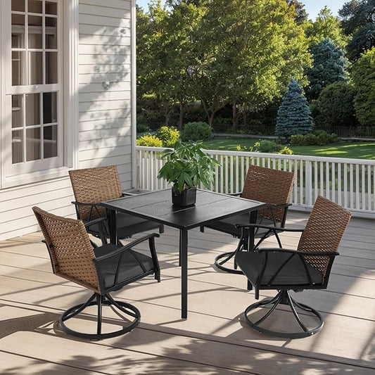 GDFStudio 5-Piece Patio Dining Set,Outdoor Wicker Furniture Set with Swivel Rocker Chairs,Square Steel Table with Umbrella Hole, Cushioned Seating with Removable Covers for Garden,Poolside,Brown Gray