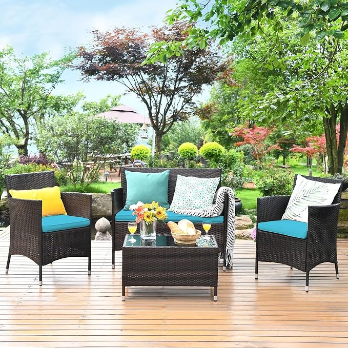 COSTWAY 8PCS Rattan Patio Furniture Set | Outdoor Wicker Rattan Chairs with Coffee Table, Rattan Cushioned Conversation Set for Backyard Balcony Poolside, Turquoise