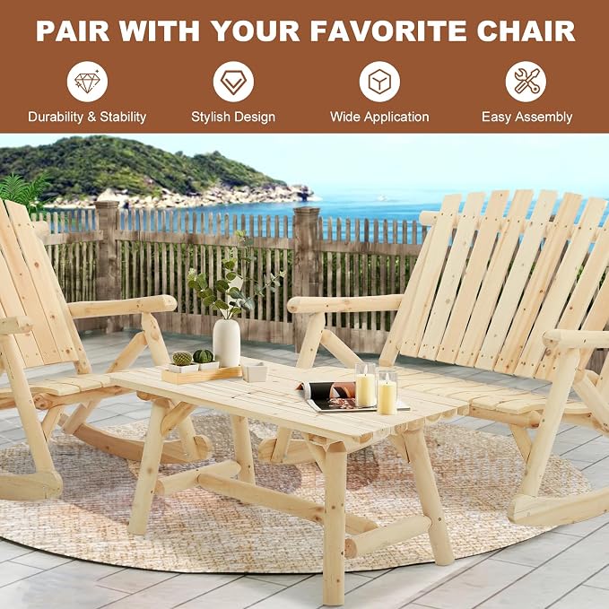 HOMEDIARY Wooden Adirondack Log Side Table, Cedar Wood Outdoor Rectangular End Table w/Slatted Tabletop, Oversize 41.5” Indoor Outdoor Patio Side Coffee Table for Garden Patio Backyard Porch, Natural