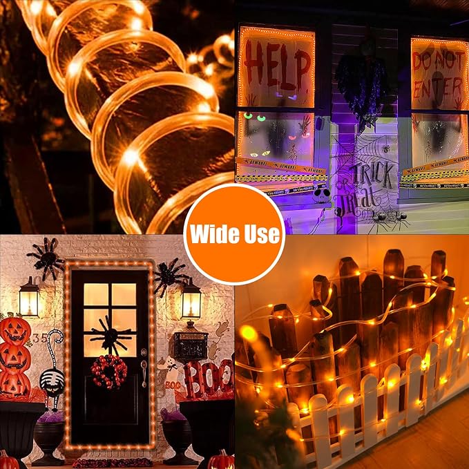 QITONG Orange Solar Halloween Lights, 66ft 200 LED Solar Rope Lights Outdoor, Fairy Lights in Clear Thin Tube with 8 Modes for Thanksgiving Fall Decor