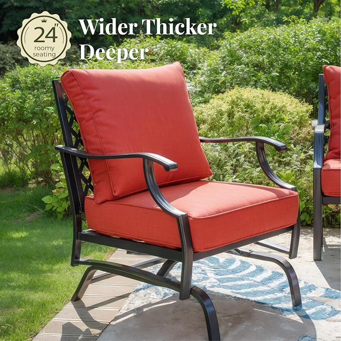 MIXPATIO Patio Furniture Set, 6 Pcs Metal Outdoor Conversation Set, 2 Rocker Chairs, 2 Ottomans and 3 Seater Sofa with 5.75" Extra Thick Cushion and Gas Fire Pit Table, Red