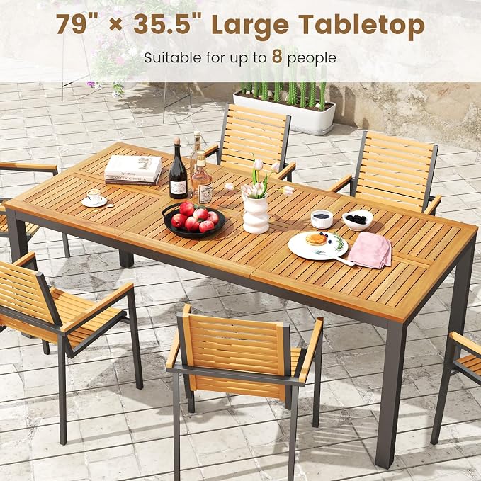 HAPPYGRILL Patio Dining Table for 8, 79" Large Rectangle Table with Acacia Wood Tabletop & Heavy Duty Metal Frame, Outdoor Dining Table with 2" Umbrella Hole for Backyard, Lawn & Garden