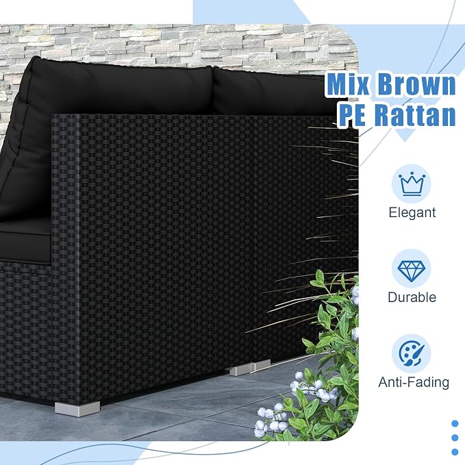 RELAX4LIFE 5-Piece Wicker Outdoor Furniture - PE Rattan Sectional Conversation Set w/4 Armless Sofas & Acacia Wood Coffee Table, Cushioned Patio Sofa Set for Garden Poolside Backyard Porch (Black)