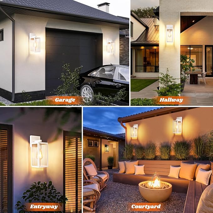 2-Pack Outdoor Wall Light Fixtures, Waterproof Anti-Rust Outside Wall Sconce Lantern with Clear Glass, Exterior Front Porch Lights for House Garage Doorway, Bulbs Not Included, White