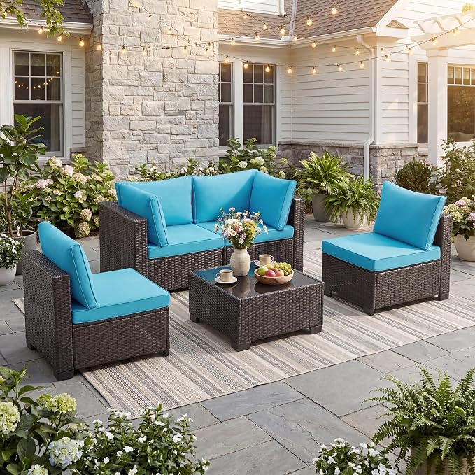 ANJ 5 Piece Outdoor Wicker Patio Furniture Set, Modular Loveseat Sofa with with Glass Top Coffee Table, All-Weather Rattan Conversation Couch Set for Balcony, Backyard, Dark Brown Wicker-Turquoise