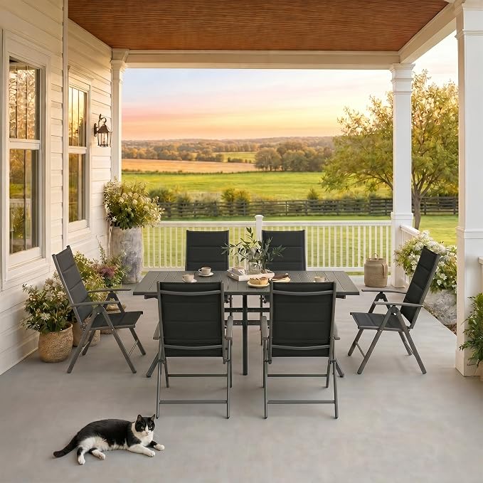 PURPLE LEAF Outdoor Dining Set for 6 Folding Patio Dining Set with Aluminum Rectangular Table and Padded Chairs All Weather Dining Table Sets for Garden Backyard Poolside, Black