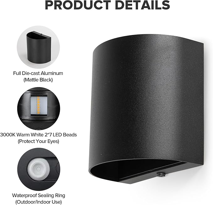 LUTEC 2-Pack LED Up & Down Adjustable Wall Lights,Anti-Rust Aluminium Modern Outdoor Indoor Wall Sconce, 10W, 400LM, 3000K Warm White Exterior Light, IP65 Waterproof for Porch, Patio, Garage-Black