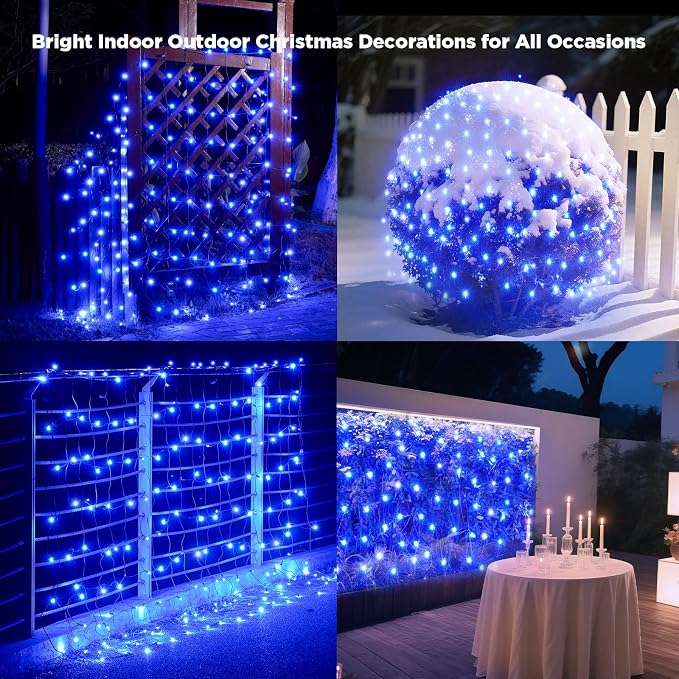 Led Net Lights Christmas Lights Outdoor 200Leds 9ft x 6ft Upgraded Blue Christmas Net Lighting, Waterproof 5mm LED Wide Angle Outdoor Indoor Mesh Net Light for Trees, Bushes, Shrubs Decorations