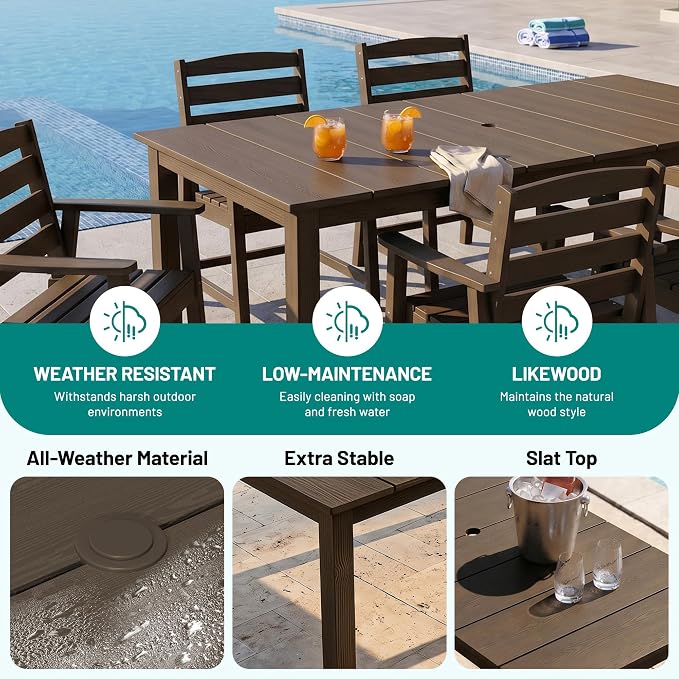 PLUUV 7-Piece Outdoor Patio Dining Set, All-Weather HDPE Dining Furniture Set with Umbrella Hole Cut-Out Table, Aluminum Table Legs, and 6 Chairs, Waterproof & Easy Clean for Backyard, Garden, Coffee