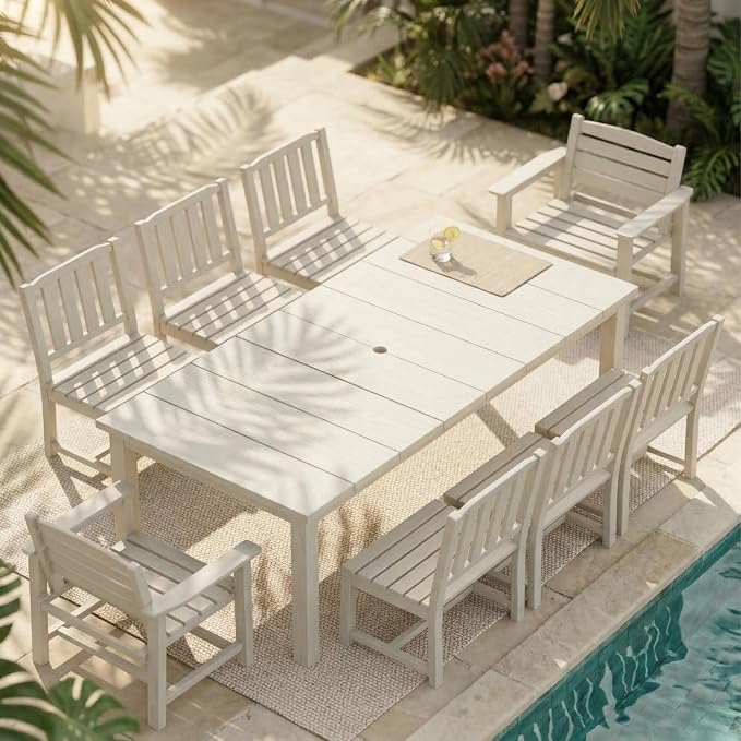Kingdura 9 Piece Patio Dining Set for 8, 75.2'' HDPE Outdoor Dining Table Set with 2" Umbrella Hole, Weather-Resistant Outdoor Furniture, Table and Chairs Set for Backyard Pool Garden, White