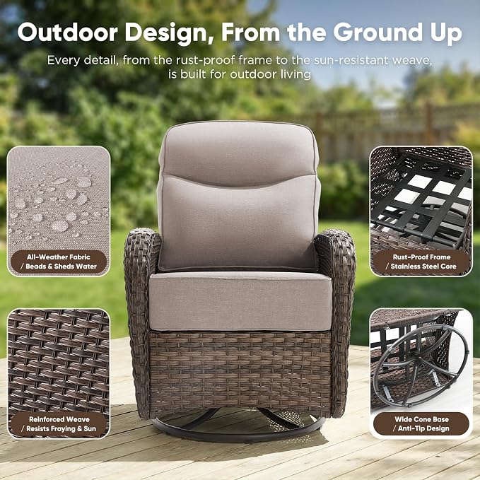 HUMMUH 5-Piece Patio Furniture Set with 6" Thick Cushion High Back Outdoor Swivel Rocker Chairs,3-Seater Sofa,Coffee Table & Ottomans,Wicker Outdoor Conversation Set for Deck, Porch,Poolside