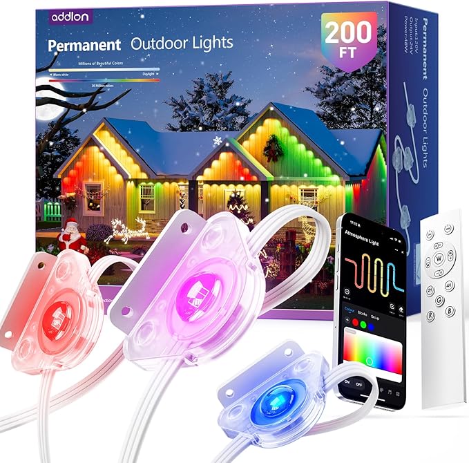 addlon Permanent Outdoor Lights, Smart RGB+IC LED Lights for House Outdoor | App & Remote Control, Scene Modes, IP67 Waterproof for Christmas, Holiday, Valentine's Day Decorations, 200FT