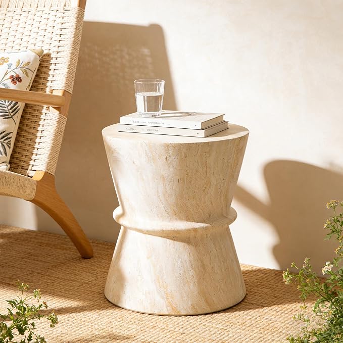 Round Outdoor Side Table, Modern MGO Concrete End Table with Faux Travertine Finish, Hourglass-Shaped Patio Side Table for Living Room Garden Balcony,Fully Assembled,Beige Travertine