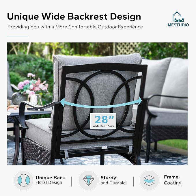 MFSTUDIO 4 Pieces Outdoor Patio Furniture Set, Metal Outdoor Conversation Set, Rattan Wicker Patio Sectional Set with 2 x Fixed Single Sofa, 3-Seat Sofa, 1 x Fire Pit Table, Grey