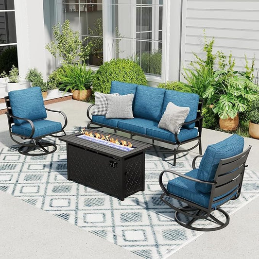 Sophia & William Patio Furniture Sets with 45" Gas Fire Pit Table Outdoor Metal Conversation Sets for 5, 2 x Swivel Cushioned Patio Sofa Chairs, 1 x 3-Seat Sofa 4 Pieces for Lawn Backyard Peacock Blue