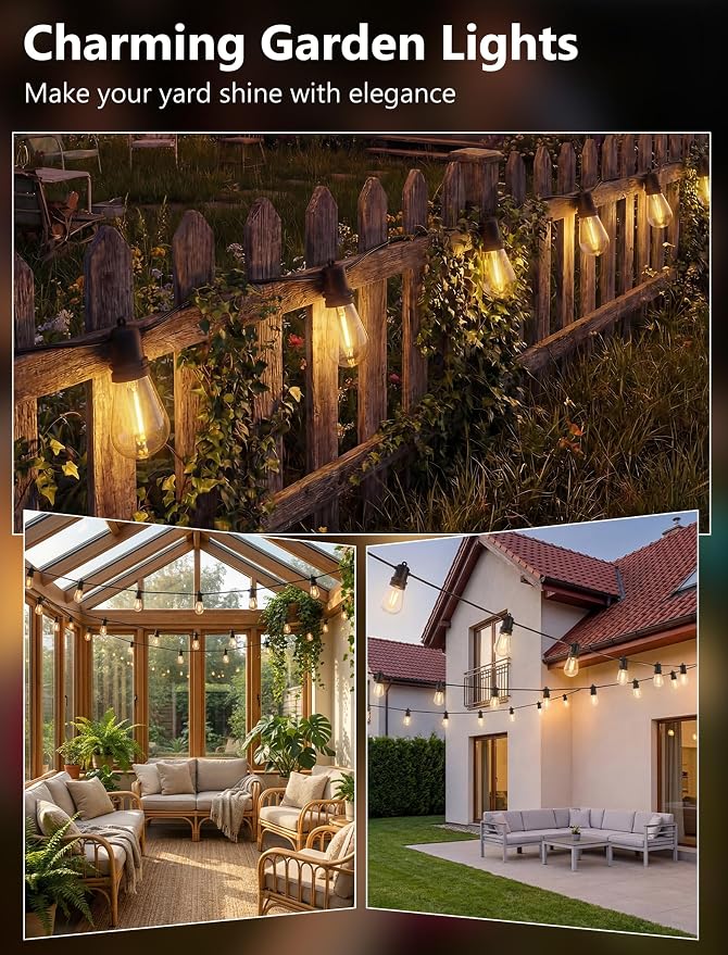 S14 Outdoor String Lights 48FT, Waterproof Patio Lights with 17 Shatterproof LED Bulbs (1 Spare), UL Certified Commercial Grade Black Wire Hanging Lights for Outdoor, Indoor, Backyard, Porch