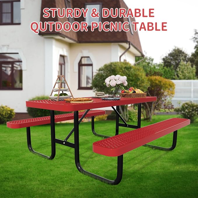 6FT Picnic Tables for Outdoors, Rectangular Commercial Metal Picnic Table Bench Set with Umbrella Hole, Heavy Duty Steel Weather-Resistant Dining Table for Patio Dining Garden Backyard BBQ School