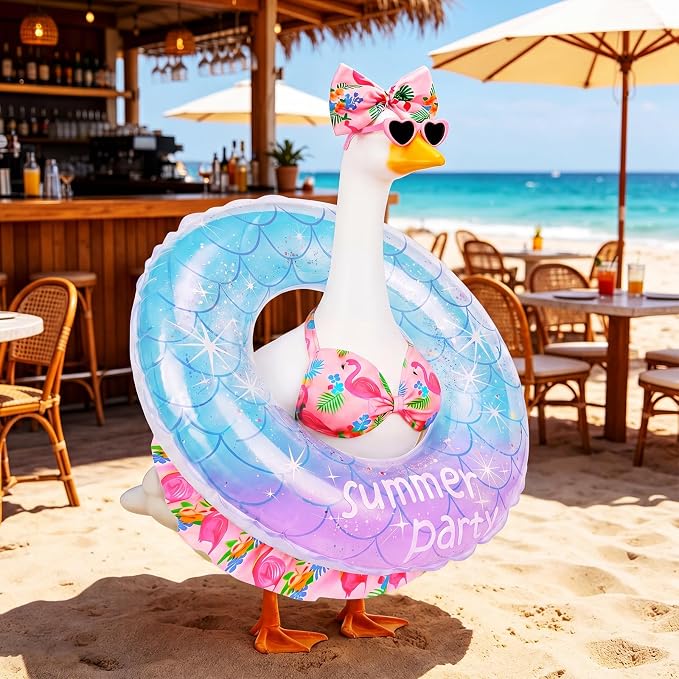 23 in Porch Goose Summer Outfit Bikini, Hawaiian Porch Goose Swimsuit Clothes Costume Accessories with Bow Glasses Swim Ring for 23" Summer Goose Garden Patio Statue Decor (Blue Flamingos)