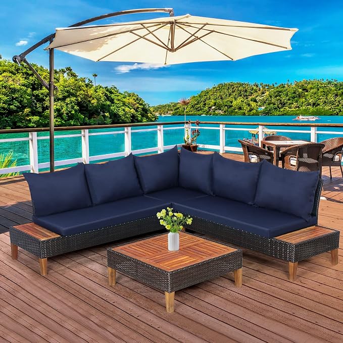 Tangkula 4 Pieces Acacia Wood Patio Furniture Set, Patiojoy L Shaped Wicker Corner Sectional Sofa Set with Thick Cushions, Coffee Table, for Backyard, Garden, Poolside and Deck (Navy Blue)