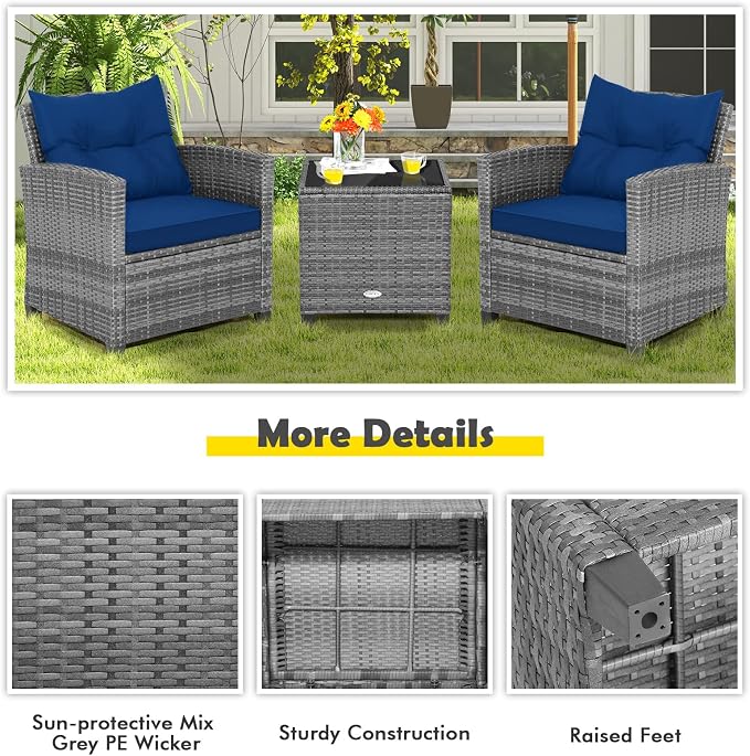 Patio Furniture Set, 3 Pcs Outdoor Wicker Conversation Set with Glass Coffee Table, Patio Chairs w/Washable Cushions, PE Rattan Outdoor Furniture Set for Porch Garden Backyard (Navy)