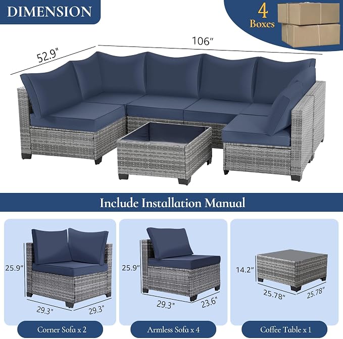 FHFO 14 Piece Outdoor Wicker Patio Furniture Set, Grey/Blue | Sectional Sofa | All-Weather Hand-Woven Rattan | Tempered Glass Coffee Table | Free Combination | Indoor & Outdoor Use