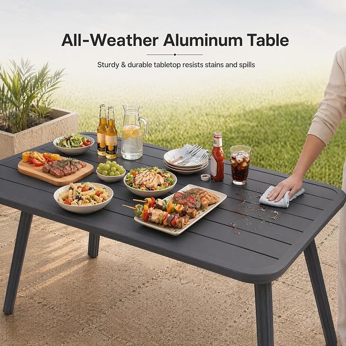10-Pcs Aluminum Square Outdoor Dining Set, All-Weather Rattan Patio Furniture Set Include Two 51.2" Rectangular Tables & 8 PE Wicker Chairs with Waterproof Cushions for Garden Deck BBQ & Party (Grey)