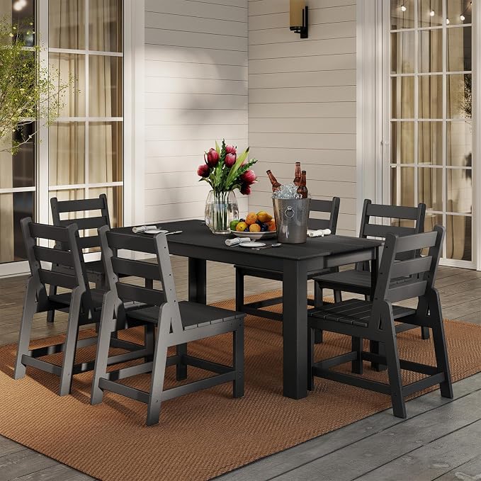 GREENVINES 7 Piece HDPE Outdoor Patio Dining Set, Table and 6 Chairs, Black
