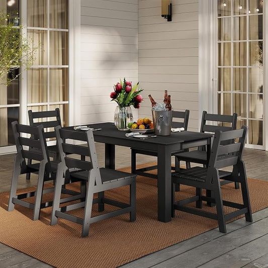 GREENVINES 7 Piece HDPE Outdoor Patio Dining Set, Table and 6 Chairs, Black
