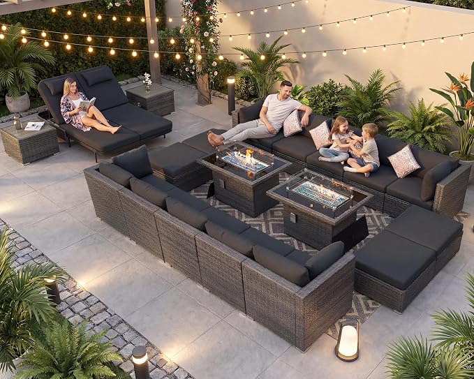 NICESOUL 20 Piece Outdoor Patio Furniture Set with Fire Pit, Large Size 16-Person Outdoor Sectional with Fire Pit & Chaise Lounge, 500 lbs Heavy Duty All-Weather Backyard Sitting Group, Charcoal Gray