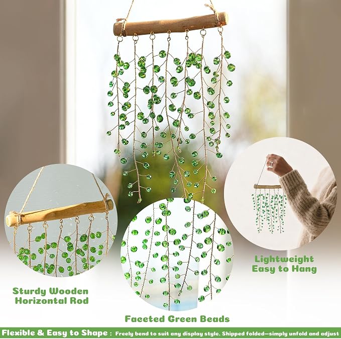 H&D HYALINE & DORA 17.2 Inch Crystal Wind Chimes Suncatchers for Window Hanging Sun Catcher Making Rainbow Green Plants Artificial Crystal Prisms Wind Chime for Garden Home Wedding Decor