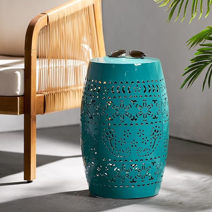 Outdoor 12" Iron Side Table, Outdoor Side Tables End Tables, Anti-Rust Metal Round Hollow Drum Garden Stool Plant Stand Indoor Iron Accent Table for Patio Deck Porch Living Room Bedroom