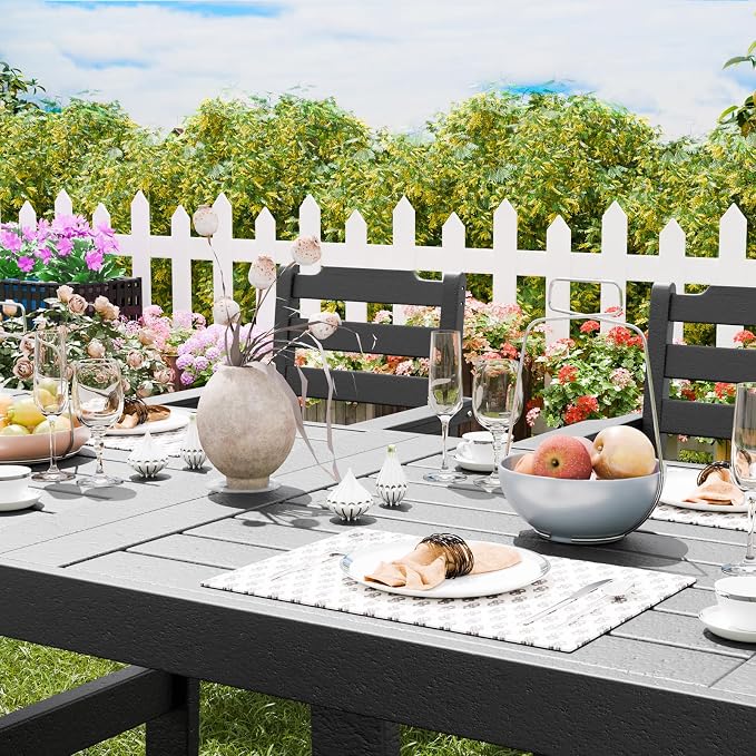 10 Piece Outdoor Dining Set All Weather HDPE Patio Table and Chairs Set for 8 with Umbrella Hole Outdoor Furniture for Deck, Backyard, Garden (Black)