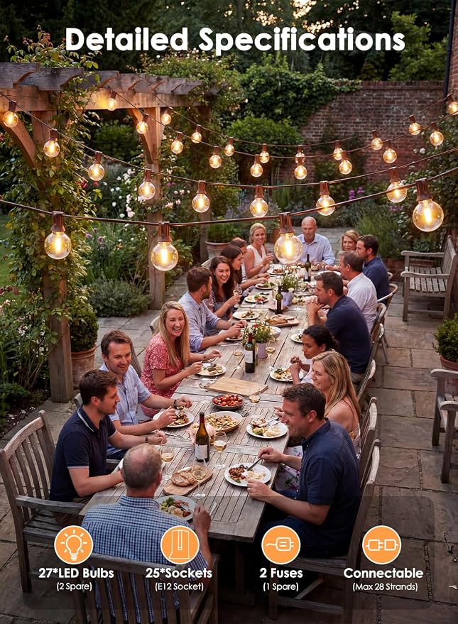 25FT G40 LED Brown Outdoor String Lights with 25 Plastic Shatterproof Bulbs | 2700K Warm White, IP65 Waterproof Hanging Connectable Globe Lights for Patio Garden Porch Pergola Bistro Decor, Brown Wire
