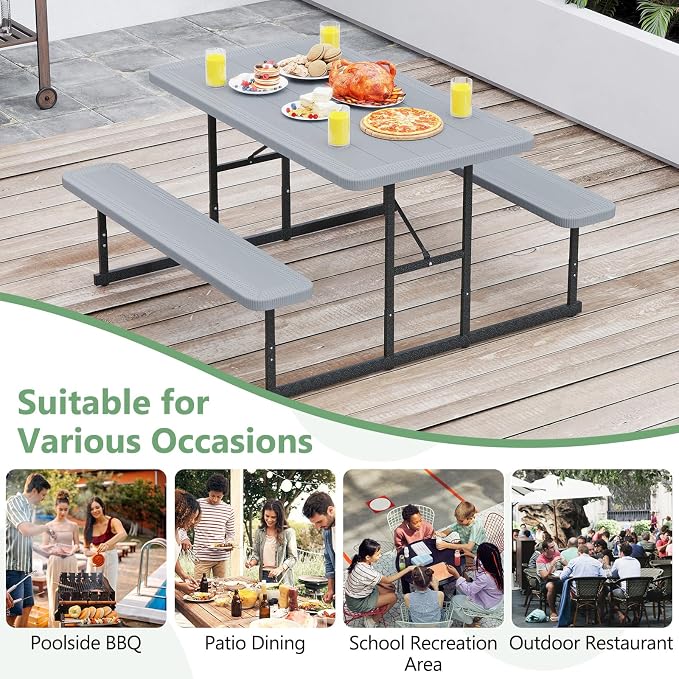 Picnic Table Set for 2-4 People, Umbrella Hole, Heavy-Duty Metal Frame & 2 Benches, HDPE Rectangular Outdoor Dinning Table & Benches for Outside, Patio, Garden, Backyard, Porch (Gray)