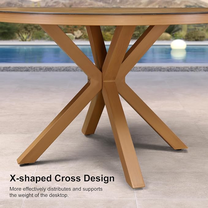 PURPLE LEAF 5 Pieces Round Dining Set Patio Aluminum Modern Oversize Round Table and Wicker Chairs with Cushions for Kitchen Porch Garden Outdoor Furniture Sets, Teak