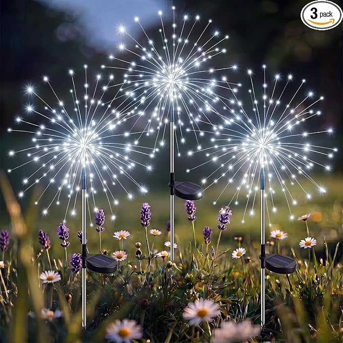 btfarm 3 Pack Solar Garden Lights Outdoor, 8 Modes Firework Lights Outside | 120LED, Waterproof Fairy Twinkle Light Solar Powered for Yard Christmas Pathway Lawn Pool Patio Decorative, Cool White