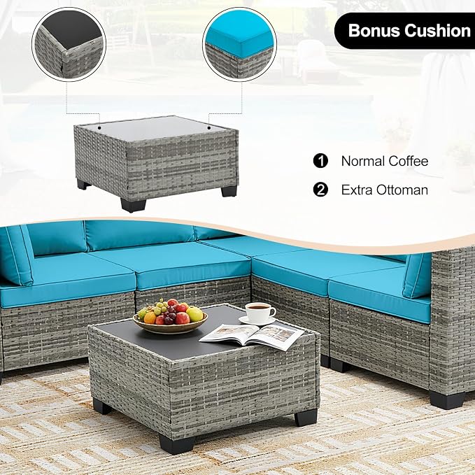 CANMOV 7 Pieces Patio Furniture Sets, All Weather Outdoor Patio Conversation Set, PE Wicker Rattan Sectional Sofa Couch Glass Coffee Table Washable Cushions for Backyard Garden, Porch, Peacock Blue