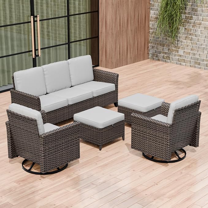 COOS BAY Harbor Retreat 5 Piece Outdoor Furniture Set, Patio Conversation Set with w/Swivel Rocking Chairs, 3 Seat Couch and Ottomans, Wicker Furniture, Brown/Beige