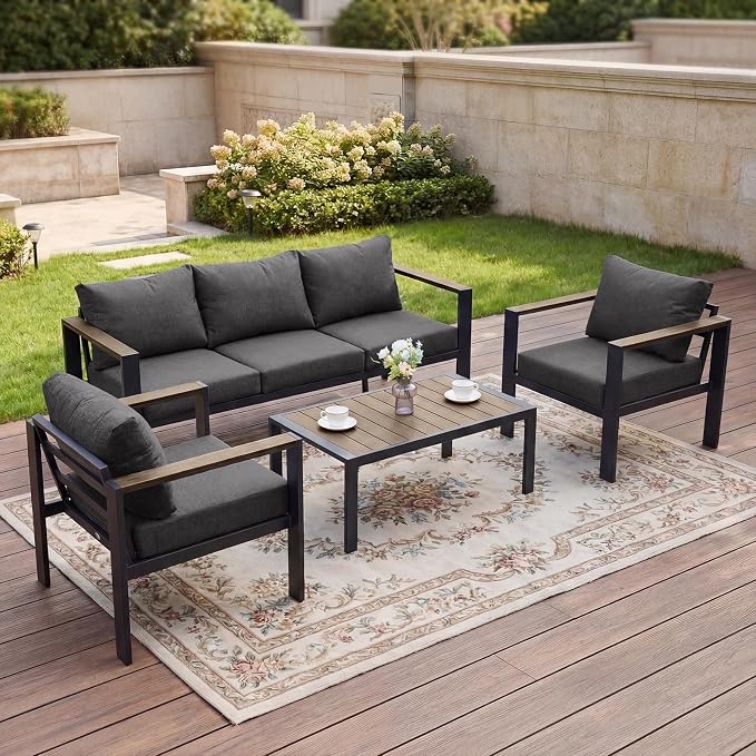 Patio Furniture Set 5 Seats and Coffee Table, Patio Conversation Set with Washable Thick Cushions, Deluxe Aluminum Modern Outside Sectional for Porch, Balcony, Deck, Yard, Dark Gray