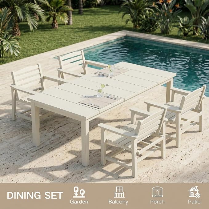 Kingdura 9 Piece Patio Dining Set for 8, 75.2'' HDPE Outdoor Dining Table Set with 2" Umbrella Hole, Weather-Resistant Outdoor Furniture, Table and Chairs Set for Backyard Pool Garden, White