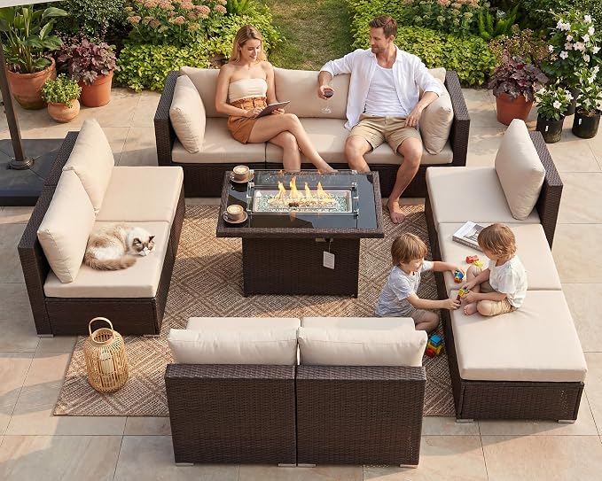 BULEXYARD 11 Piece High Back Outdoor Furniture Set with Firepit, Cozy Patio Conversation Set with Ottoman Modular, Extra Wide Deep 10-Seats Sectional Couch Sofa for Yard, Brown Rattan & Beige Cushion