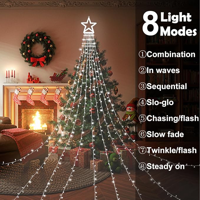 Christmas Decorations, Outdoor Christmas Lights, 320 LED Outdoor Christmas Tree String Lights with 12" Star Toppers [8 Modes& Waterproof] for Xmas New Year Holiday Decor (White)