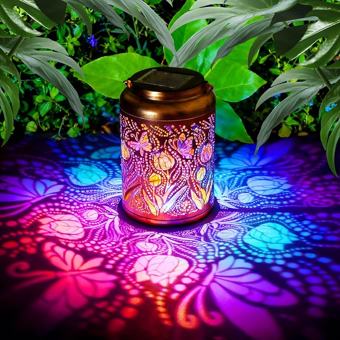 Waterproof Metal Butterfly Solar Lantern Outdoor Hanging Garden Light | Colorful LED metal Butterfly lantern; durable, waterproof outdoor decor perfect for patio, yard, or as a gift for women