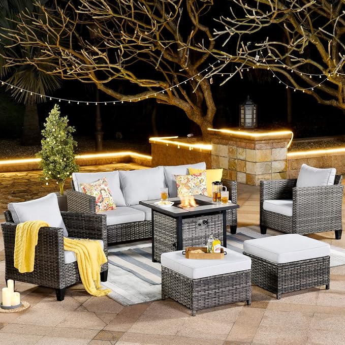 ovios 6 Pieces Patio Furniture Set with 30" Fire Pit Table, Outdoor Wicker Sofa with Comfy Cushions, All Weather High Back Rattan Couch Conversation Set, Grey