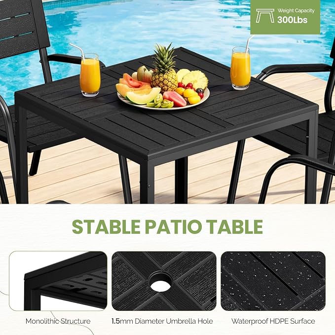 VINGLI Outdoor Patio Dining Set,5 Piece Square Table Patio Furniture Set,HDPE All-Weather Material Outdoor Dining Table and Chair for Garden, Backyard, Poolside,Black